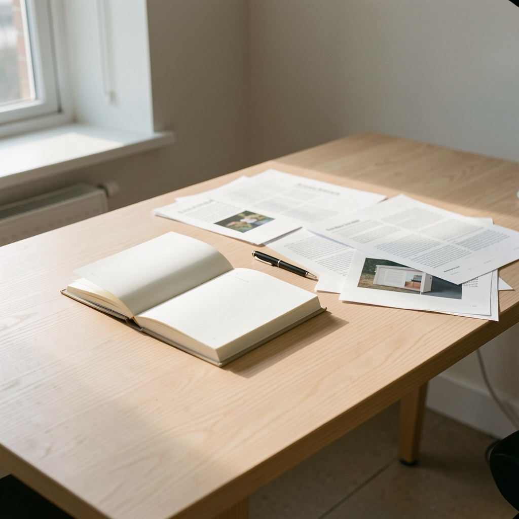 A quiet editorial workspace with an open notebook and scattered research papers on a pale oak desk in soft afternoon light