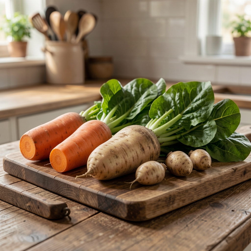 Close-up of seasonal root vegetables and leafy greens arranged on a wooden chopping board in soft daylight, rustic kitchen setting